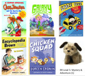 Books images included in Rascal Reader Level 5 kit, Mystery and Adventure, including Rascal dog puppet.