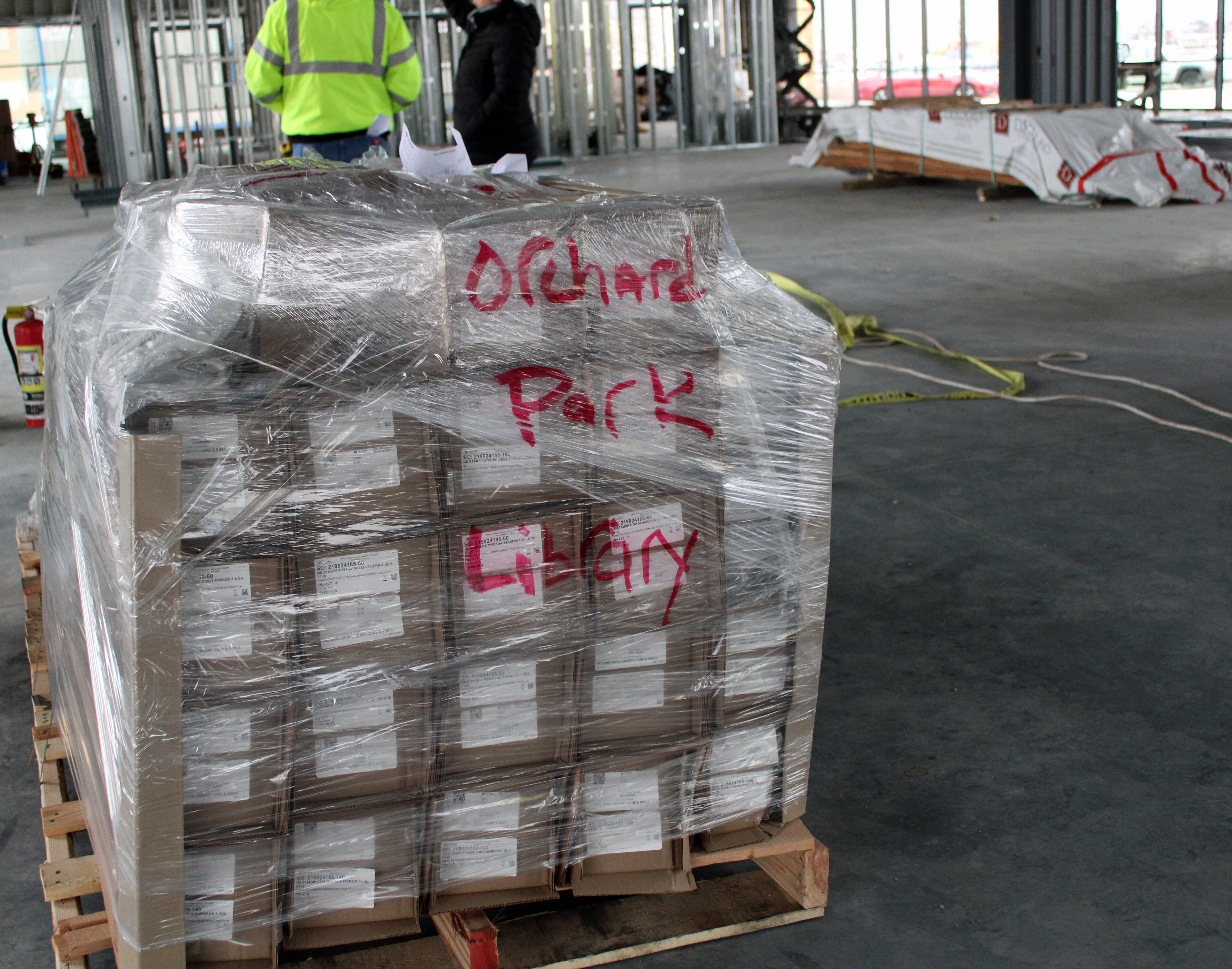 Orchard Park Construction interior showing a packed palette