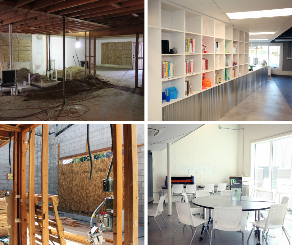 Side by side photos of unBound's bookshelf area and Work space in the middle of renovation and after it was complete