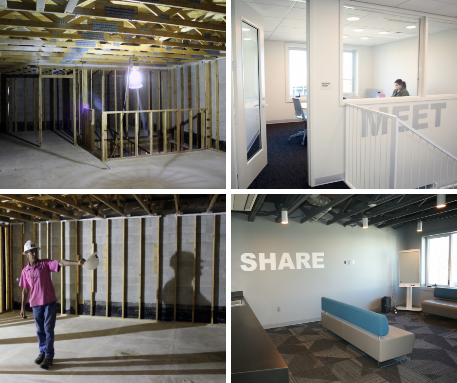 Side by side photos of unBound's Meet and Share spaces in the middle of renovation and after it was complete