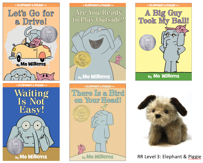 5 elephant and piggie books, 1 dog puppet