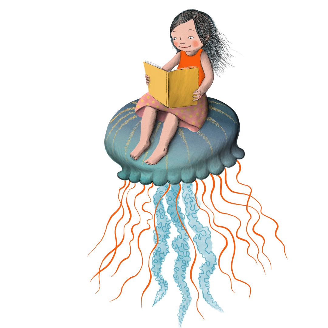 Whimsical illustration of a girl reading a book while sitting on a jellyfish