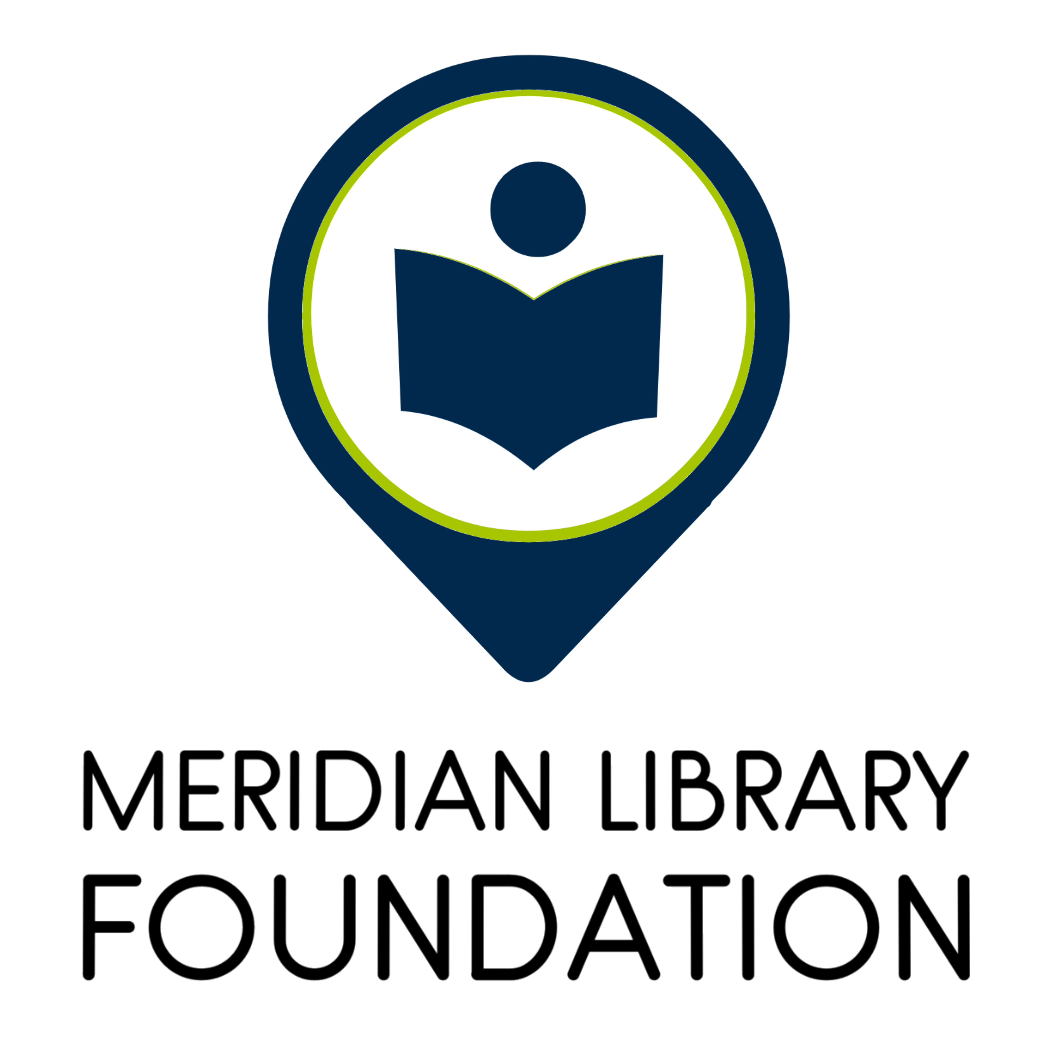 Logo image of person reading a book in a location pin with text: Meridian Library Foundation