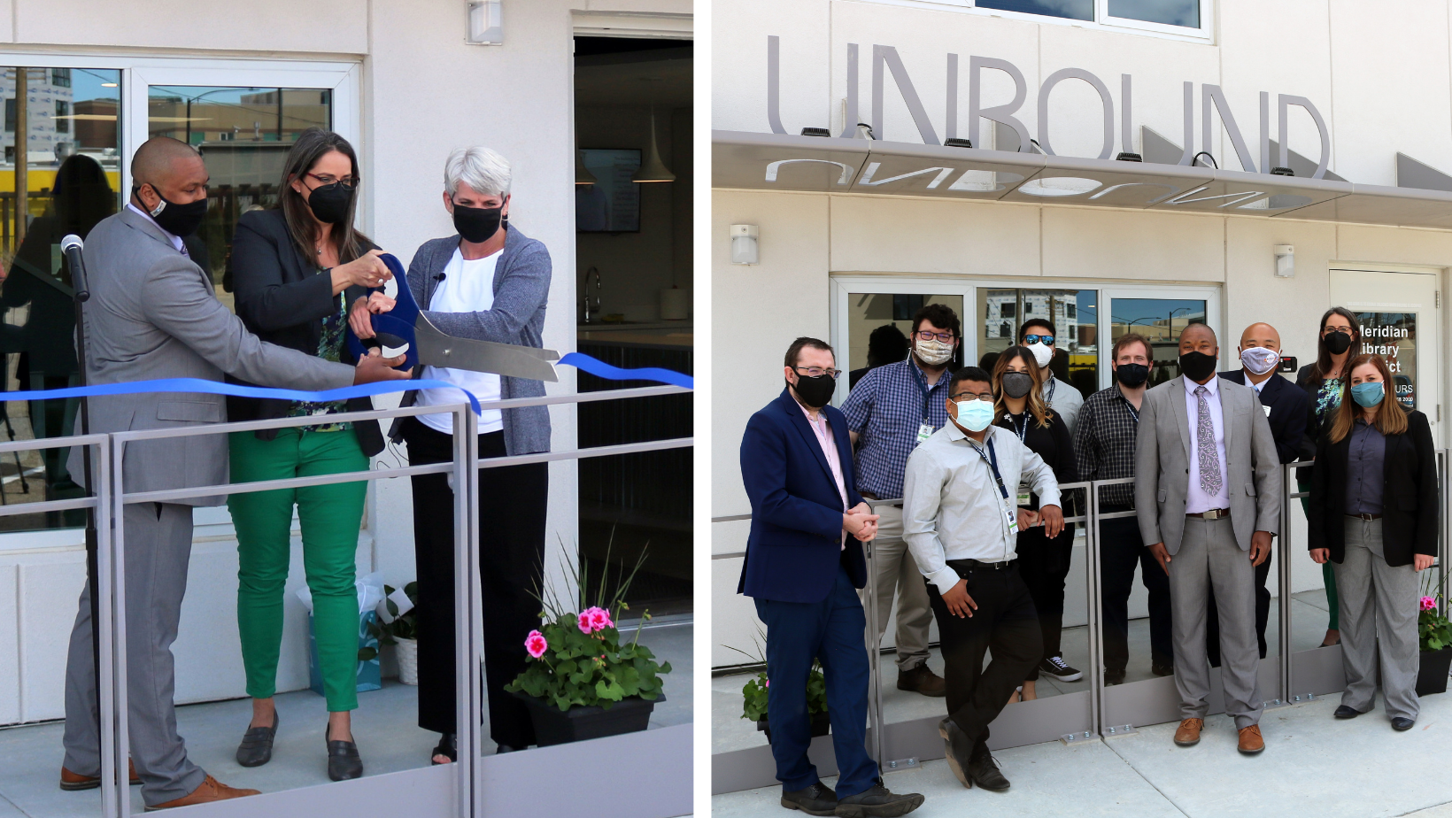 Two photos: Leadership cutting a ribbon in front of unBound and group of unBound staff outside building. 