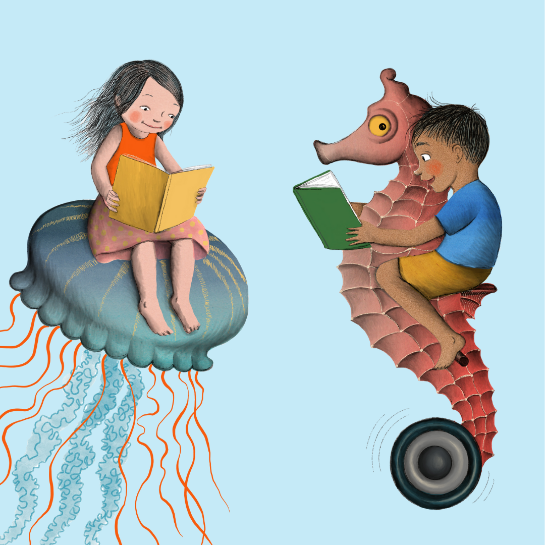 Illustration of two children reading - one on a jellyfish and one on a seahorse