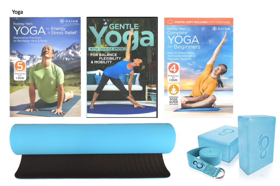 3 dvds, yoga mat, yoga block, yoga strap