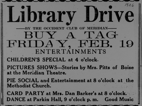 Newspaper advertisement for the Occident Club Library Drive event to raise money for the Meridian Library.