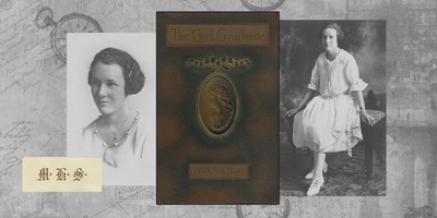 Two portrait images of Ardath Lillian Caldwell, graduate of Meridian High School Class of 1922, in addition to her scrapbook cover. 