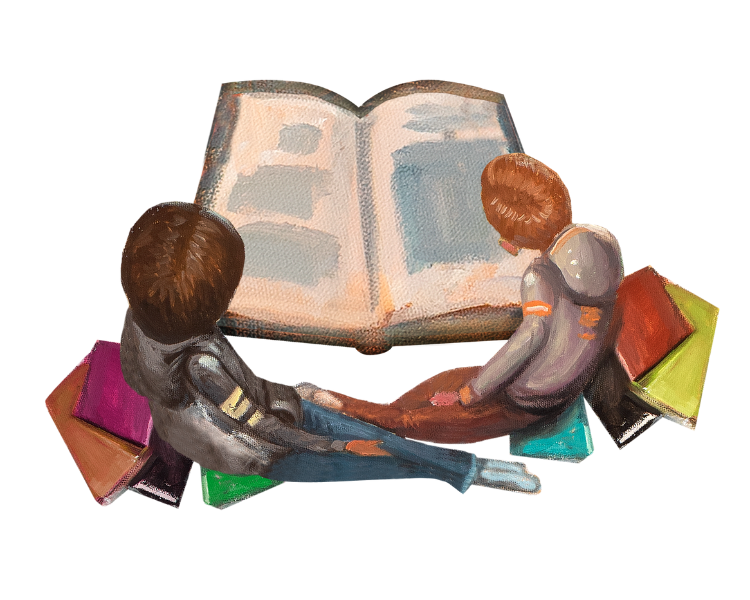 Two children surrounded by books looking at an open book. 
