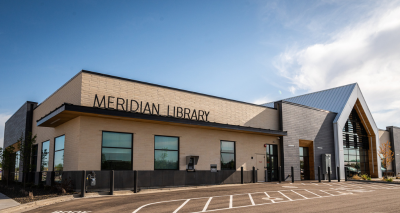 Exterior view of the south side of Meridian Library Districts newest branch, Orchard Park.