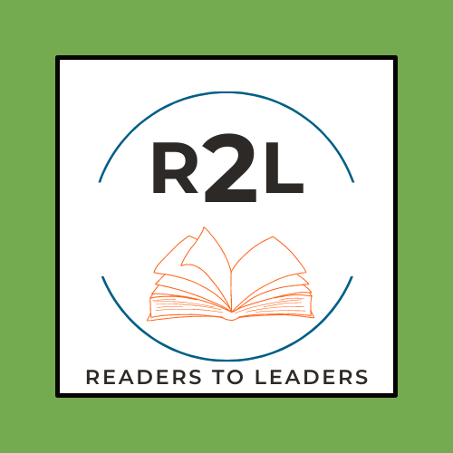 Readers 2 Leaders logo which includes a green background, an partially open circle, and a graphic of an open book and text R2L inside.