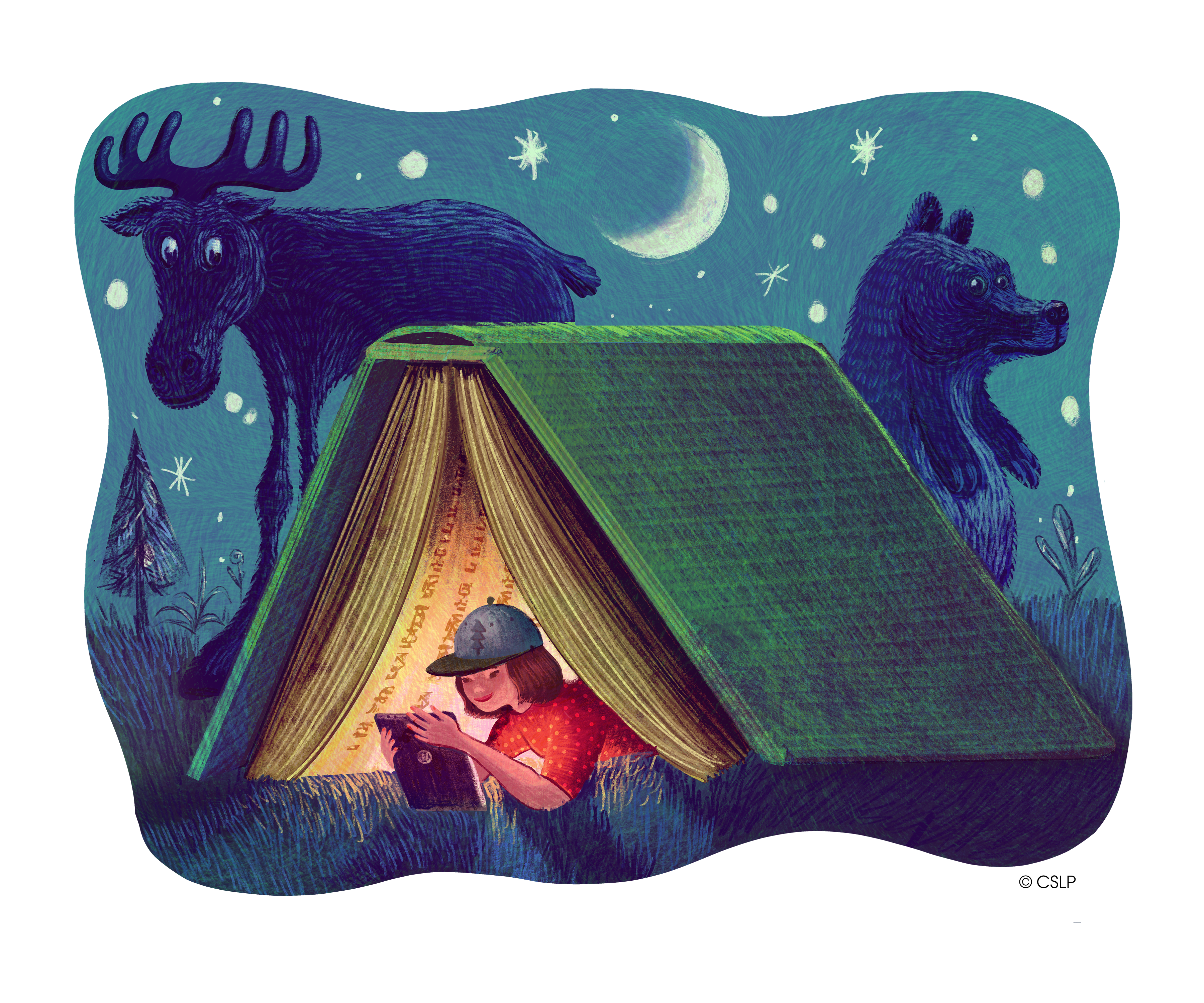 Summer reading graphic with a teenage reading under a book tent with a moose and bear in the background