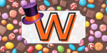 Various colorful candy sprinkled on a brown background with a large W and purple top hat.