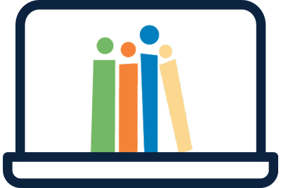 Outline of laptop computer with colorful pillars and circles inside the screen