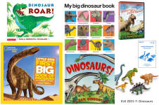 5 dinosaur books, 1 dvd, 5 plastic dinosaurs
