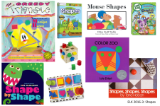 5 shape books, 2 dvds, 1 puzzle, 1 sorting toy