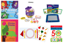 2 rhyming books, magic board with printing cards, ABC cookies game, flashcards, dinner activity