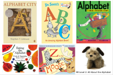 five alphabet books, one dog puppet