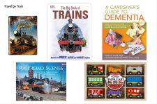 3 books, 1 dvd set of 8 train cars