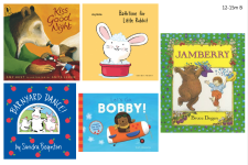 Five books included in a baby board book kit for ages 12-15 months old.
