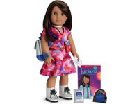 American Girl doll Luciana wearing a backpack and standing next to a book about her character.