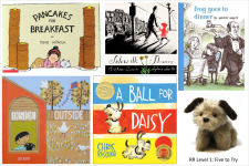 Photos of five books that are in a the Rascal Reading kit, as well as an image of puppet Rascal the dog.