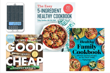 Image of three books and food scale that are included in the Meridian Moves kit Healthy Cooking.