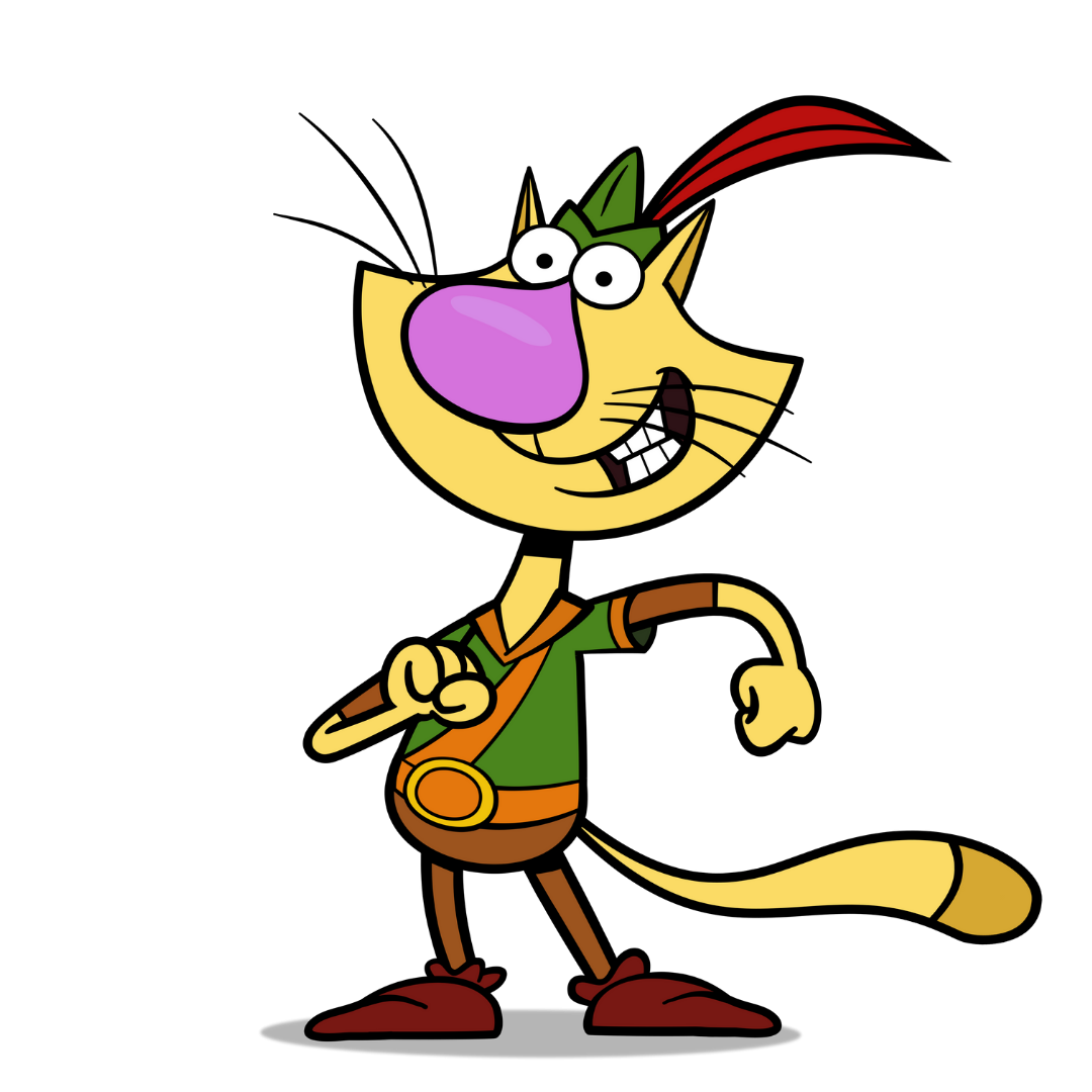 Nature Cat cartoon wears a hat with a feather and a green and brown outfit