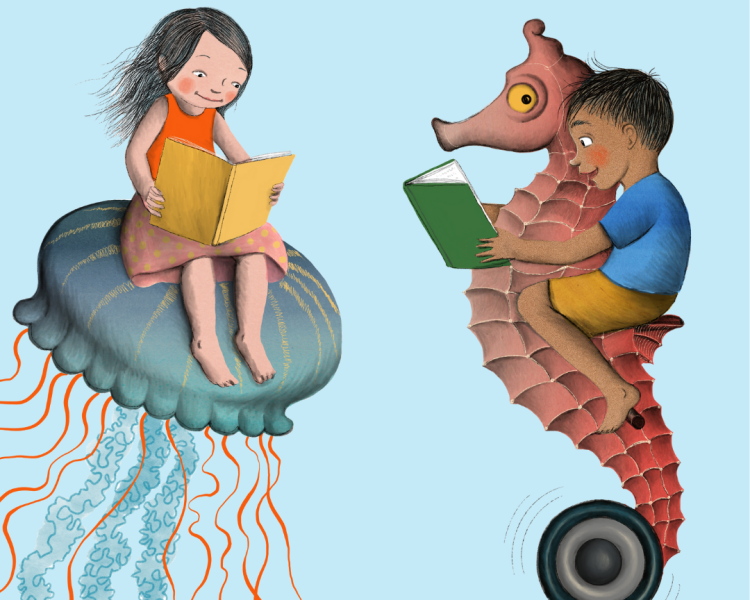 Illustration of children reading - one on a jellyfish and one on a seahorse