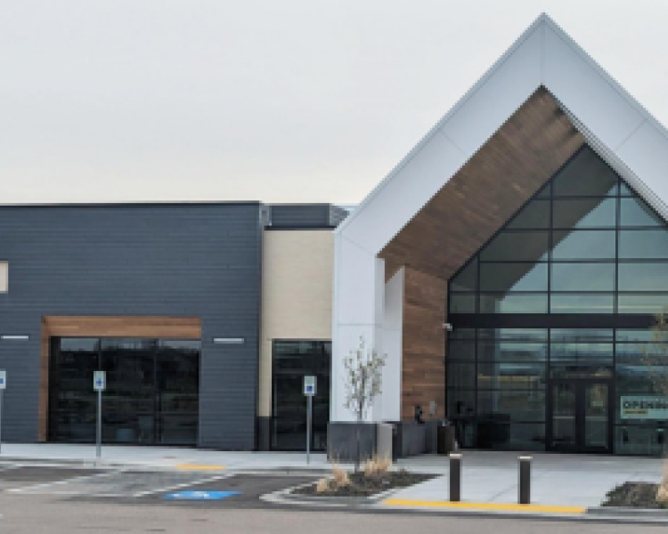 Exterior view of the east entrance of Meridian Library Districts newest branch, Orchard Park.