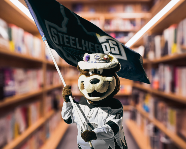 Idaho Steelheads hockey team mascot, a bear named Blue, holding a team flag with blurry bookshelves in the background
