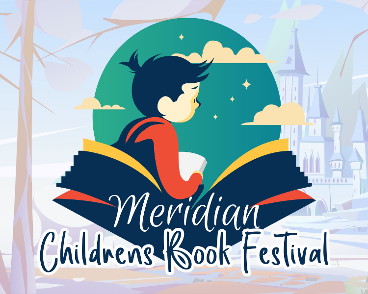 Meridian Children's Book Festival Logo with a castle graphic design in the background